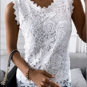 Plus Size 5X – White Floral Lace Sleeveless Top | Elegant Crochet Tank Blouse